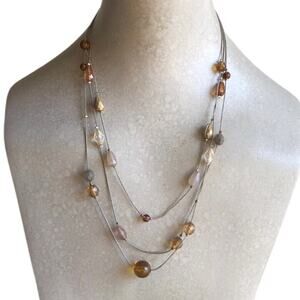 Vintage Silver-Tone Three Strand Stationary Multi Color Plastic Beads Necklace